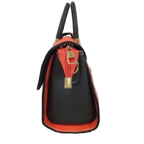 Red and Black Two-Tone Cross Body Purse With Golden Accents, Adjustable Strap - Picture 7 of 10